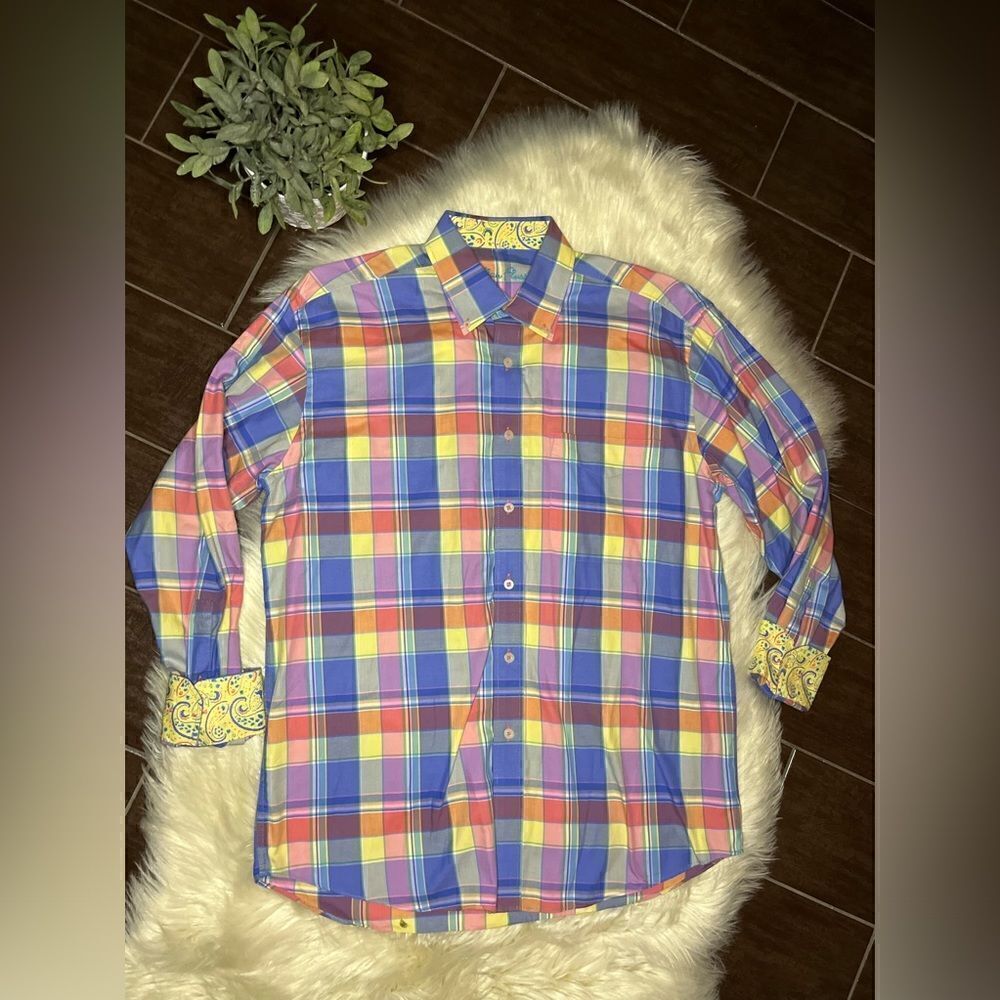 Alan Flusser chunky plaid Long Sleeve Button Up Flip Cuff Shirt Size Medium
